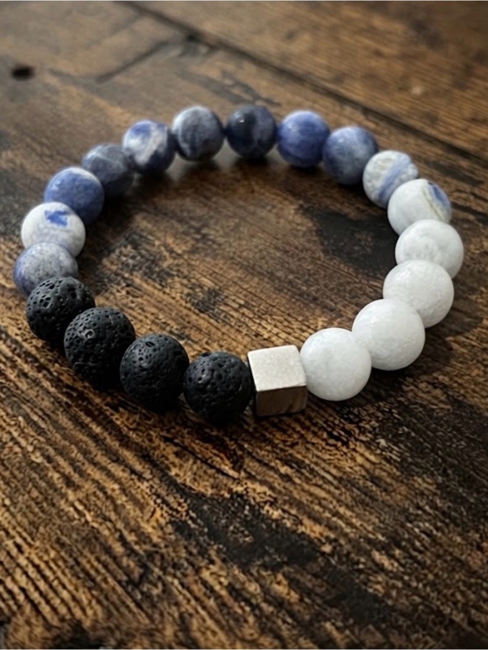 Men's Beaded Stretch Bracelet with Blue Sodalite White & Black Lava Stones